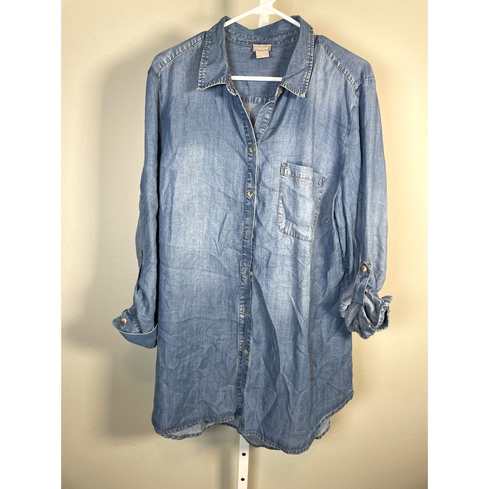 Chico's Blue Denim Button up Shirt 3 XL 16 18 Roll Tab Sleeve Tencel Lyocell